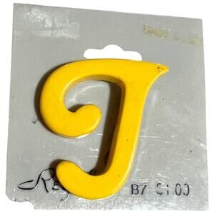 Vintage Taiwan Yellow Letter J Pin Back Button 1980s Retro Alphabet